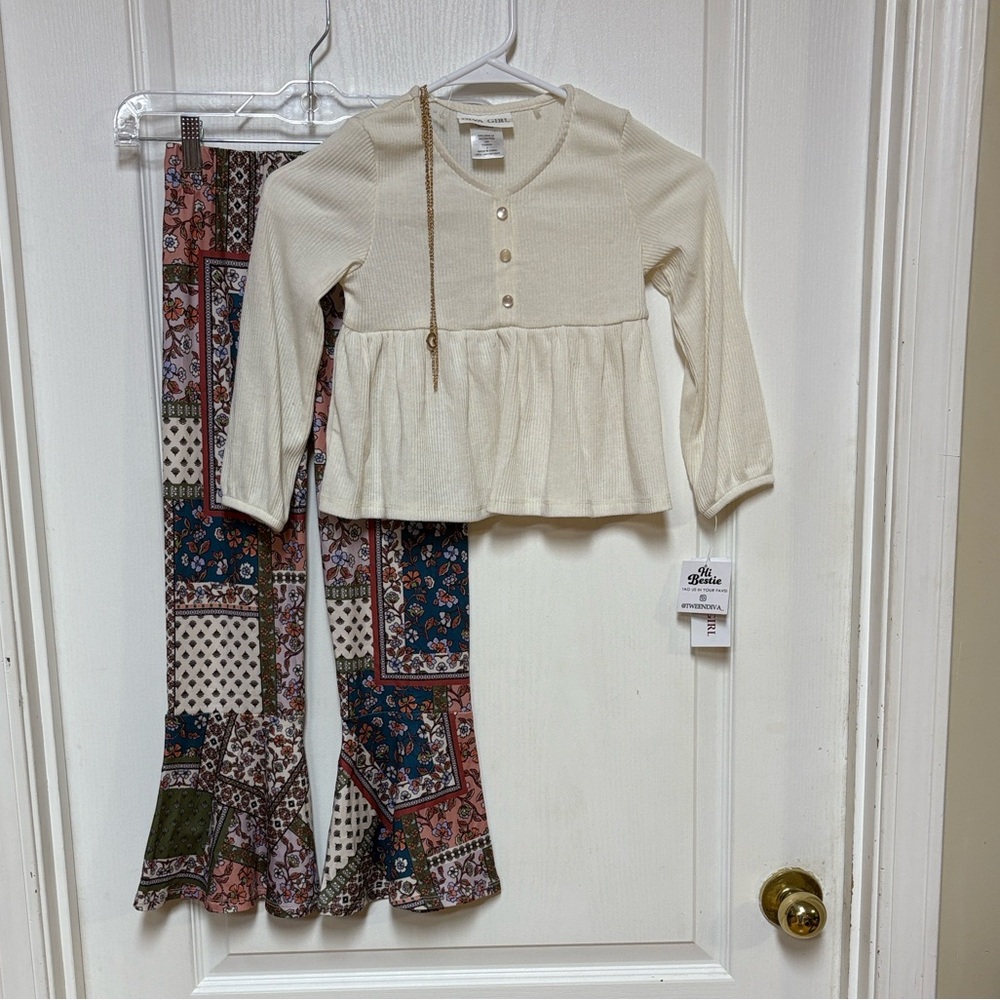 Ivory Ribbed Knit Top and Patterned Ruffle Leg Pants